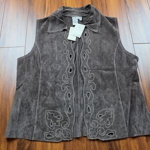 Coldwater Creek Genuine Suede Leather Cutout Vest Brown Floral Size Large